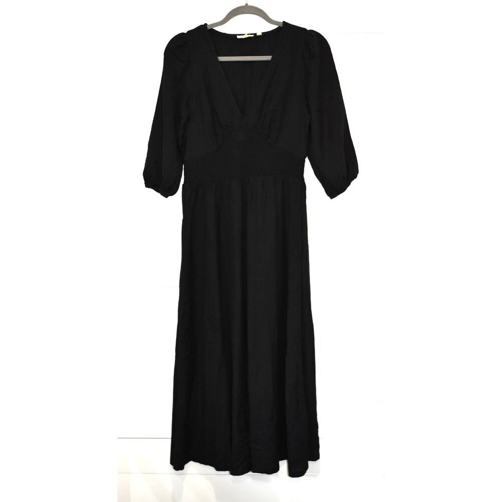 FAT FACE Maxi Dress Size 4 Black Cottagecore Ruching Linen Pullover Flow Peasant